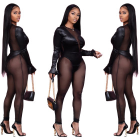 Sexy net yarn perspective stitching round neck jumpsuit nightclub clothes women S390061