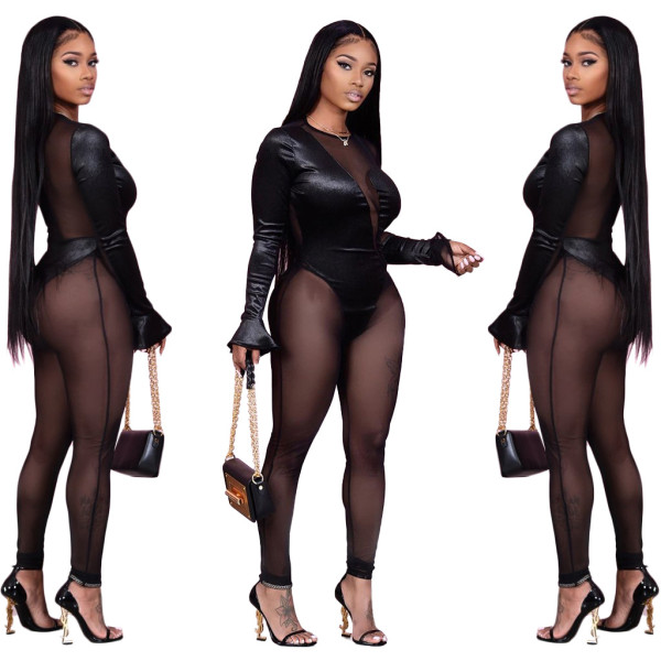 Sexy net yarn perspective stitching round neck jumpsuit nightclub clothes women S390061