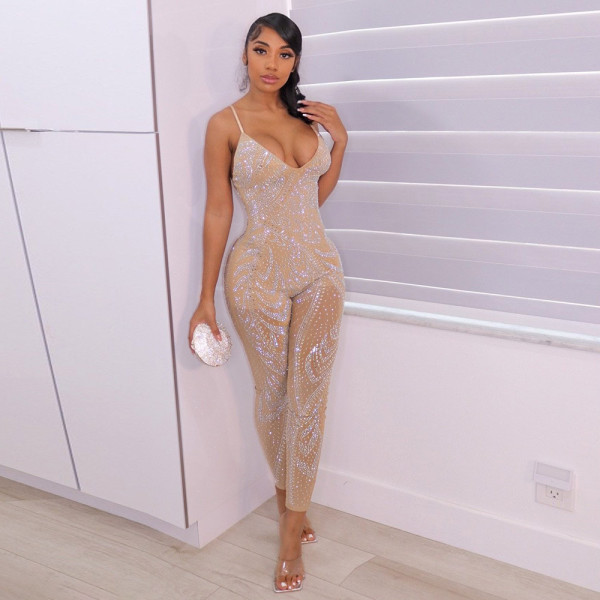 Fashion sexy mesh perspective hot drilling sleeveless trousers jumpsuit women S390219