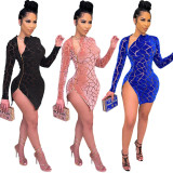 Women's Hollow Sexy Flocking Double Side Zipper Long Sleeve Dress Fashion One Step Skirt Women S390161