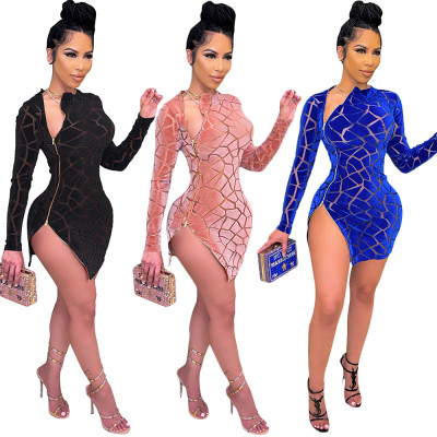 Women's Hollow Sexy Flocking Double Side Zipper Long Sleeve Dress Fashion One Step Skirt Women S390161