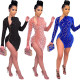 Women's Hollow Sexy Flocking Double Side Zipper Long Sleeve Dress Fashion One Step Skirt Women S390161