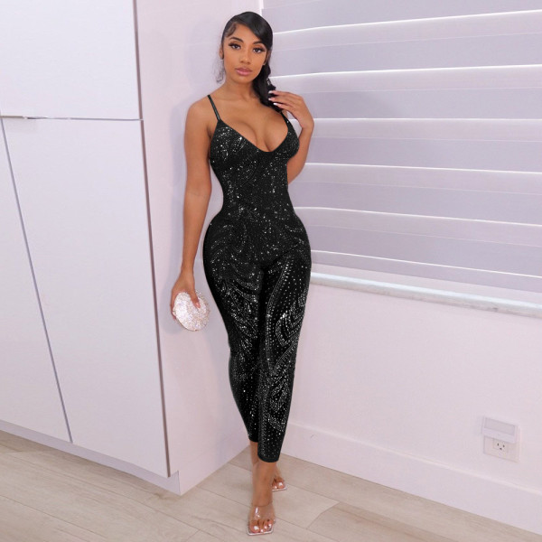 Fashion sexy mesh perspective hot drilling sleeveless trousers jumpsuit women S390219