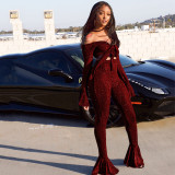 Silver silk elastic bow tie sexy two-piece suit top + flared pants S3416