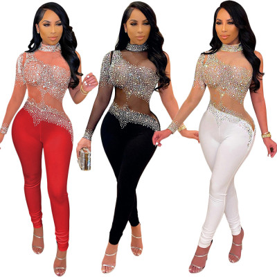 Fashion sexy net yarn perspective hot drilling trousers long-sleeved jumpsuit women S390212