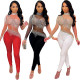 Fashion sexy net yarn perspective hot drilling trousers long-sleeved jumpsuit women S390212