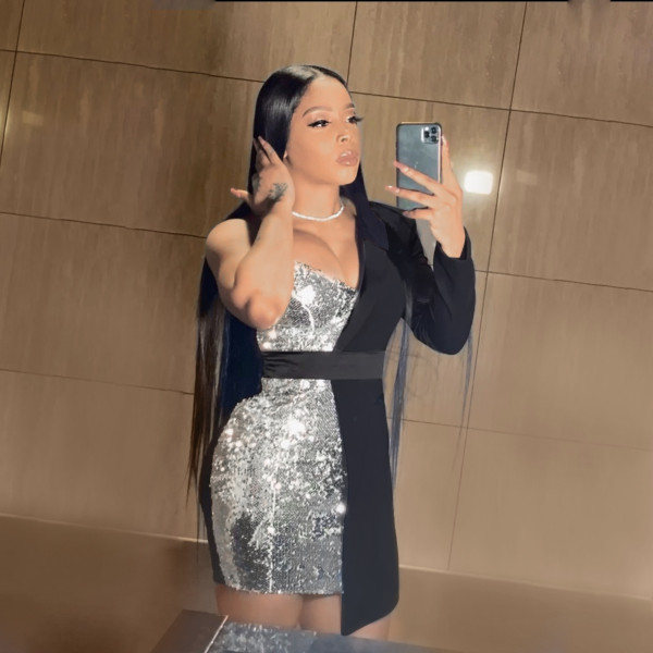 Women's sexy sequins waistless unilateral long-sleeved party nightclub dress S390210