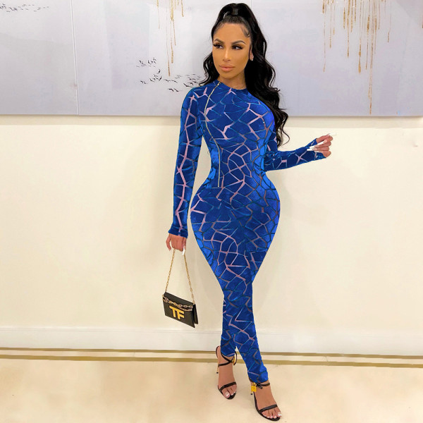 Women's hollow sexy flocking mesh stitching zipper long-sleeved round neck jumpsuit women S390226