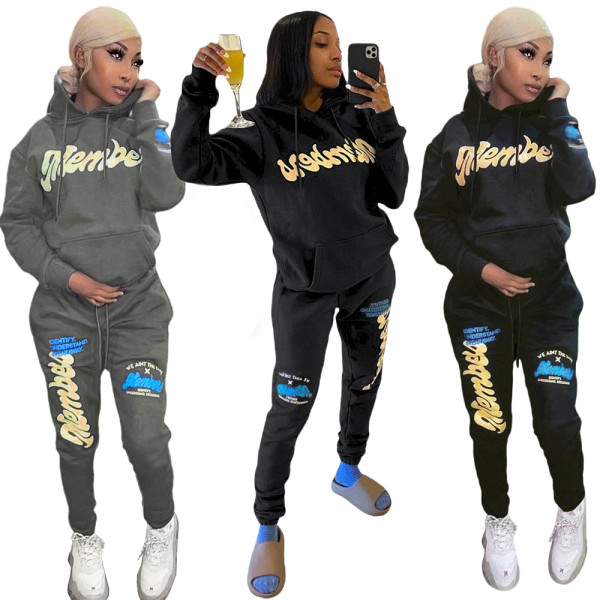 Autumn and winter women's casual letter printing plus velvet long-sleeved hooded suit women S390232