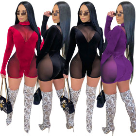 Explosive sexy net yarn perspective stitching deep V jumpsuit nightclub clothes women S390029