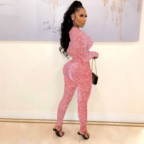 Women's hollow sexy flocking mesh stitching zipper long-sleeved round neck jumpsuit women S390226
