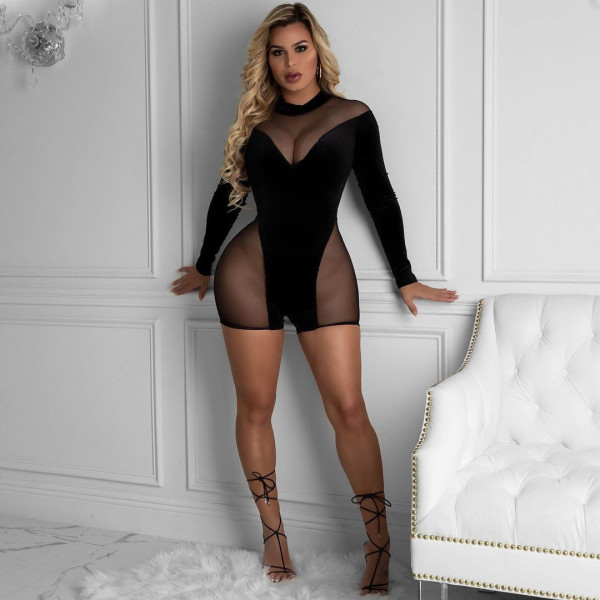 Explosive sexy net yarn perspective stitching deep V jumpsuit nightclub clothes women S390029
