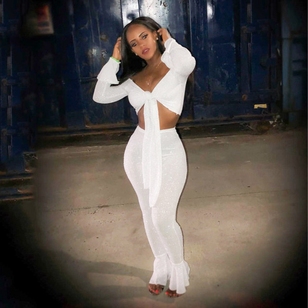 Silver silk elastic bow tie sexy two-piece suit top + flared pants S3416