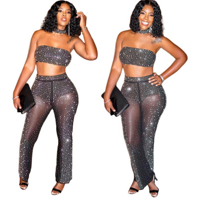 Women's Prom Dress Elegant Sexy Hot Rhinestone Wrapped Chest Straight Pants Set Women S390229
