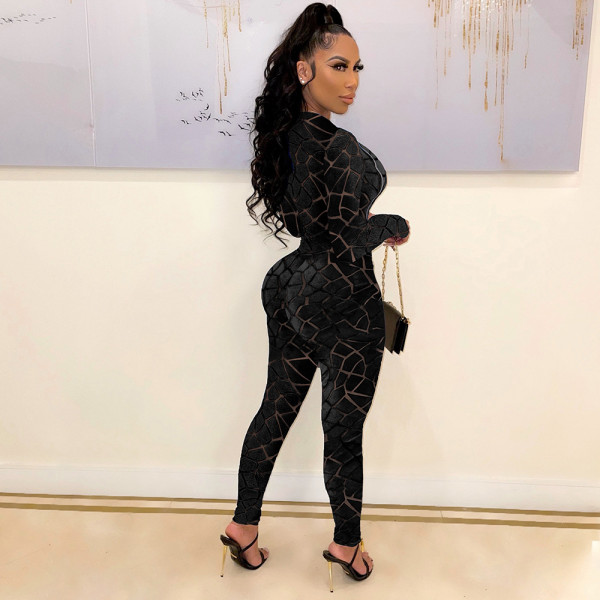 Women's hollow sexy flocking mesh stitching zipper long-sleeved round neck jumpsuit women S390226
