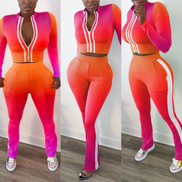 Casual stand-up collar jacket side stripe stitching long-sleeved trousers two-piece women S390205