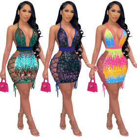 Women's sexy sequin halter back sequin contrast dress women's nightclub clothes S390072
