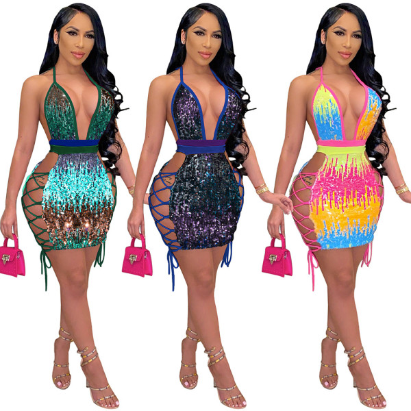 Women's sexy sequin halter back sequin contrast dress women's nightclub clothes S390072