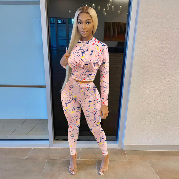 Women's casual sports printing long-sleeved pullover blouse stretch waist trousers suit women S390184
