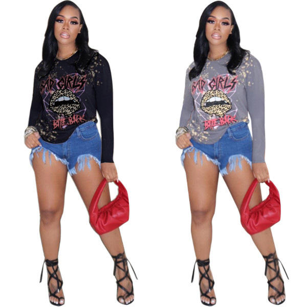 Autumn and winter European and American women's leopard print lips long-sleeved T-shirt U8092