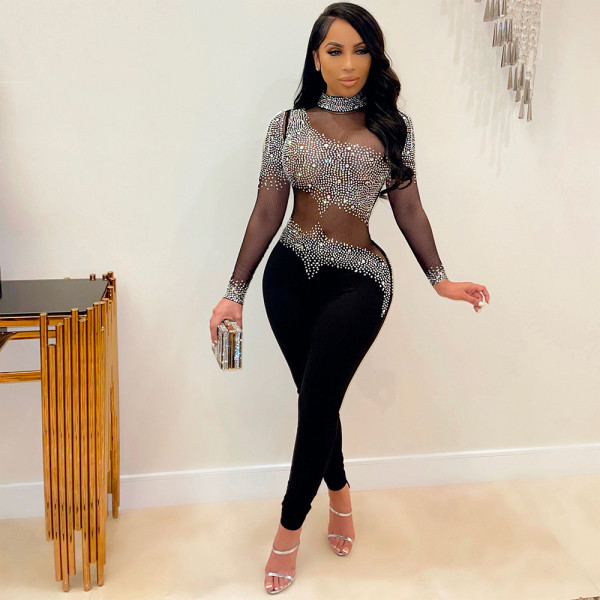 Fashion sexy net yarn perspective hot drilling trousers long-sleeved jumpsuit women S390220