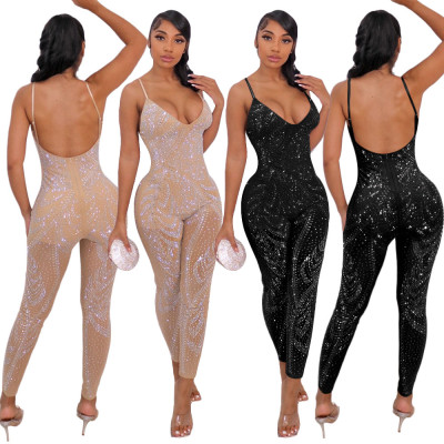Fashion sexy mesh perspective hot drilling sleeveless trousers jumpsuit women S390219
