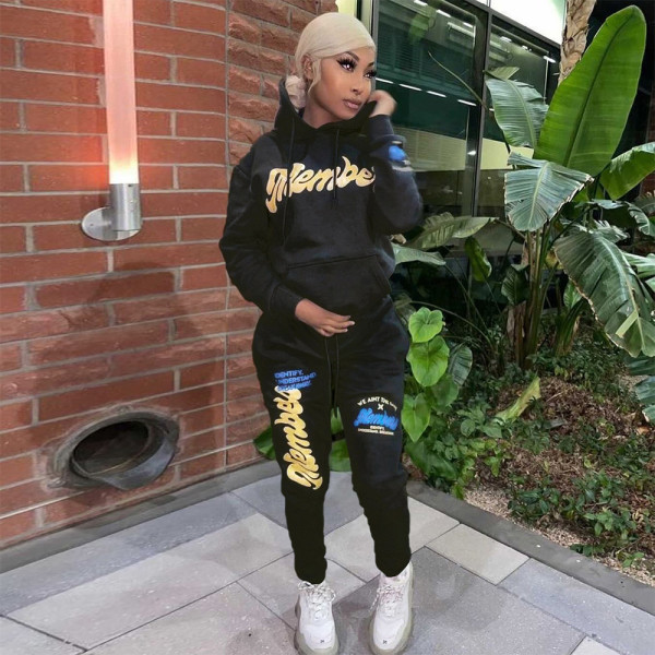 Autumn and winter women's casual letter printing plus velvet long-sleeved hooded suit women S390232
