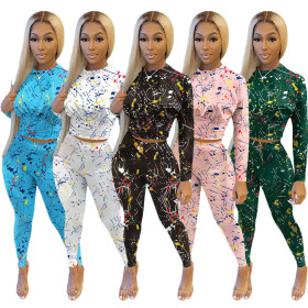 Women's casual sports printing long-sleeved pullover blouse stretch waist trousers suit women S390184