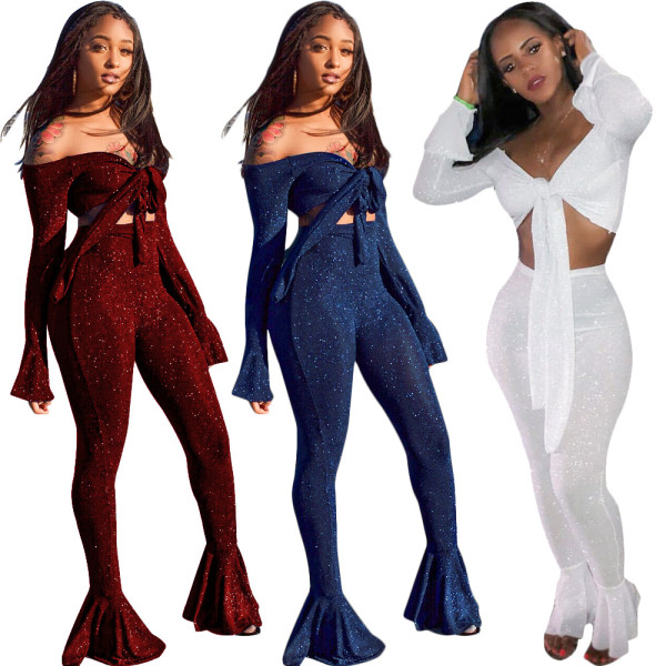 Silver silk elastic bow tie sexy two-piece suit top + flared pants S3416