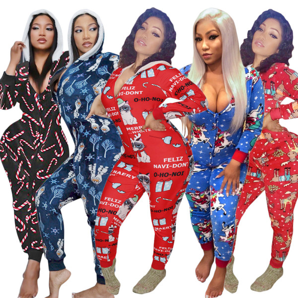 Autumn and winter printed casual women's clothing, hooded Christmas printed home wear, V-neck jumpsuit women S390043