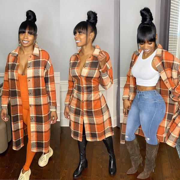 Women's mid-length casual fashion European and American classic plaid single-breasted woolen coat women S390225