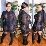 Plus Size Women's Hollow Sexy Printed Zipper Long Sleeve Dress 1XL-4XL Plus Size Dress P390222