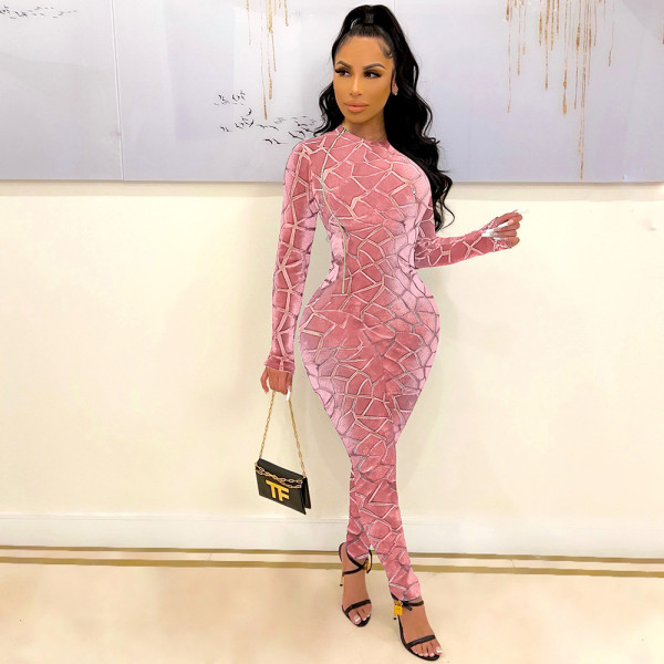 Women's hollow sexy flocking mesh stitching zipper long-sleeved round neck jumpsuit women S390226