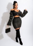 Fashionable European and American Lantern Sleeve One-Neck Short Skirt Set Two-piece Set XM7008