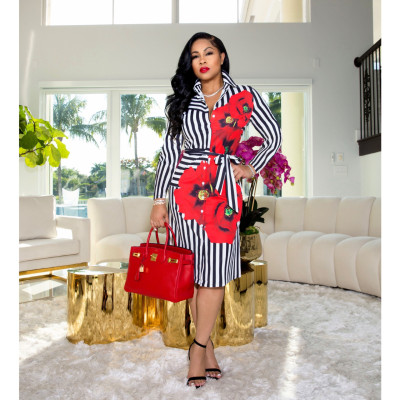 Fashion sexy V-neck stripe print single-breasted dress with waist rope WY6849