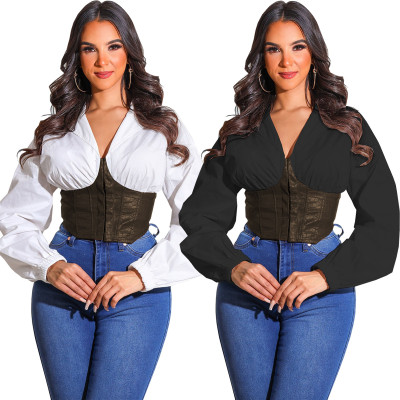 Fashion sexy shirt collar stitching PU leather with zipper cardigan WY6865