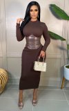 Fashion sexy round neck waist stitching PU leather back dress with zipper WY6860