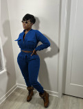 Fashionable solid color cardigan jacket with pockets waist pants suit suit WY6871