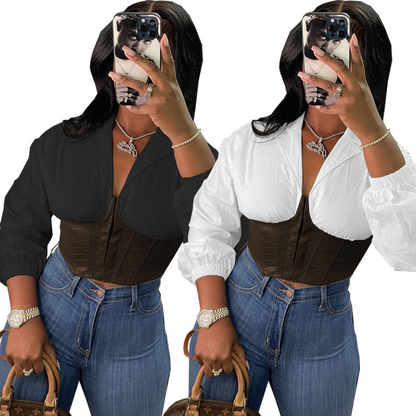 Fashion sexy shirt collar stitching PU leather with zipper cardigan WY6865