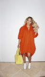 Fashionable V-neck loose big hem skirt single-breasted hem stretchable dress WY6838