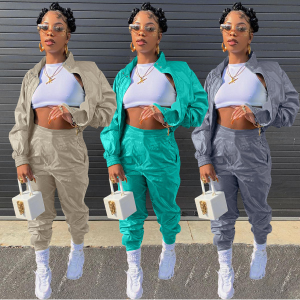 Women's fashion casual sports solid color zipper suit two-piece suit HT6079