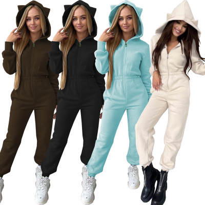 Fashionable solid color front panel with zipper waist slim fit jumpsuit WY6868