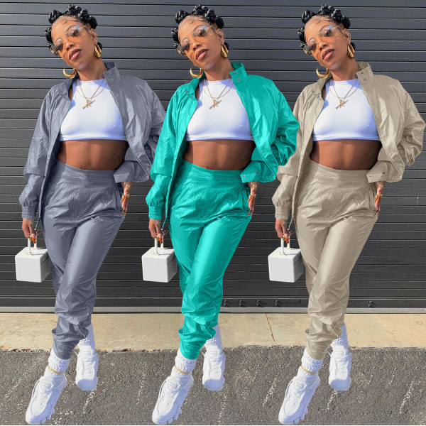 Women's fashion casual sports solid color zipper suit two-piece suit HT6079