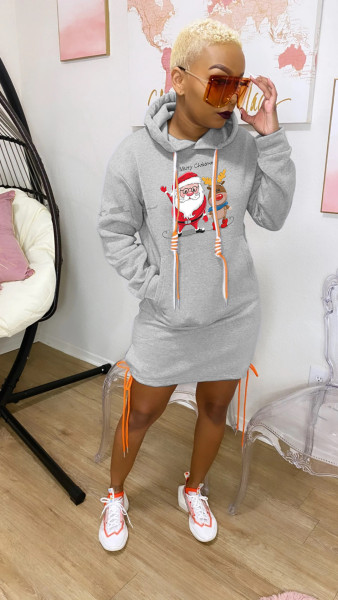 Fashion pullover round neck hem slit with tie rope and logo dress SD66771