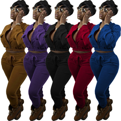 Fashionable solid color cardigan jacket with pockets waist pants suit suit WY6871