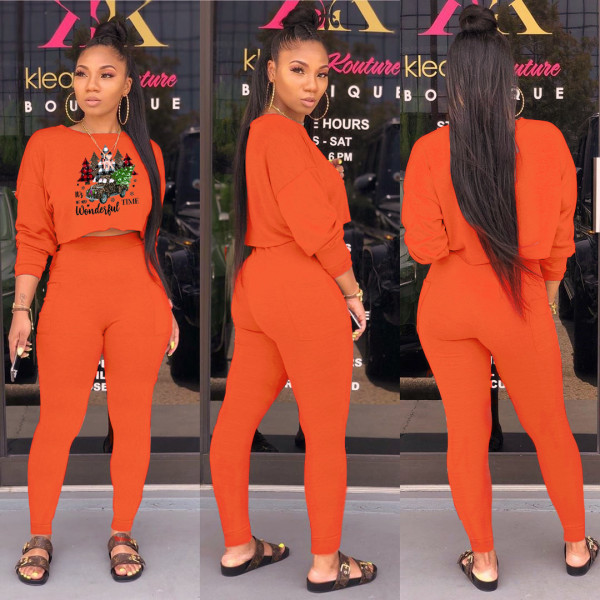 Fashion round neck plus logo long-sleeved sweatshirt pocket pants suit two-piece suit SD66222