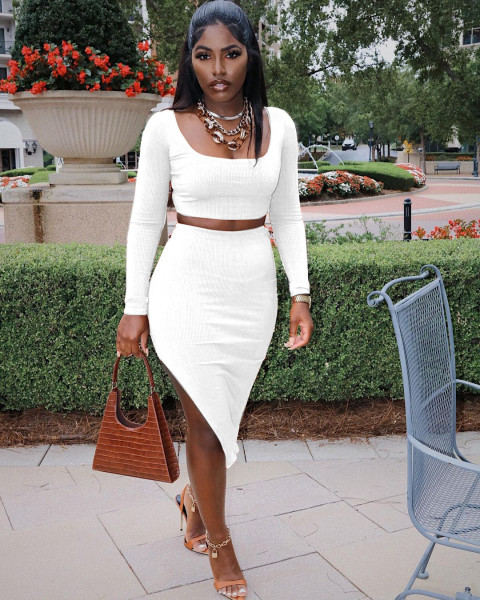 New thread pit strip square neck sexy tight-fitting split bag hip long-sleeved two-piece suit Y81344