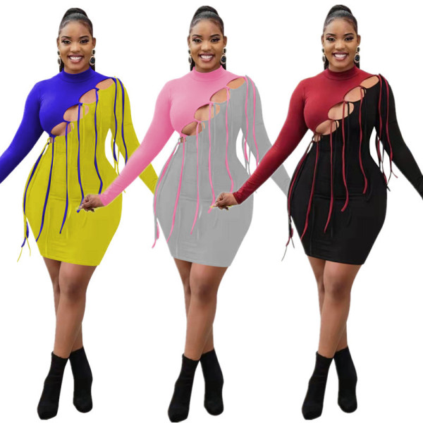 Nightclub style double tie sexy dress with fringed fringe H10010