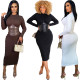 Fashion sexy round neck waist stitching PU leather back dress with zipper WY6860