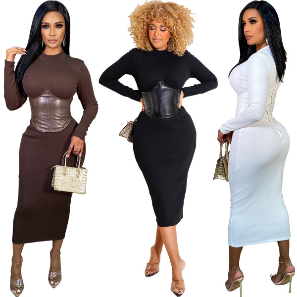 Fashion sexy round neck waist stitching PU leather back dress with zipper WY6860